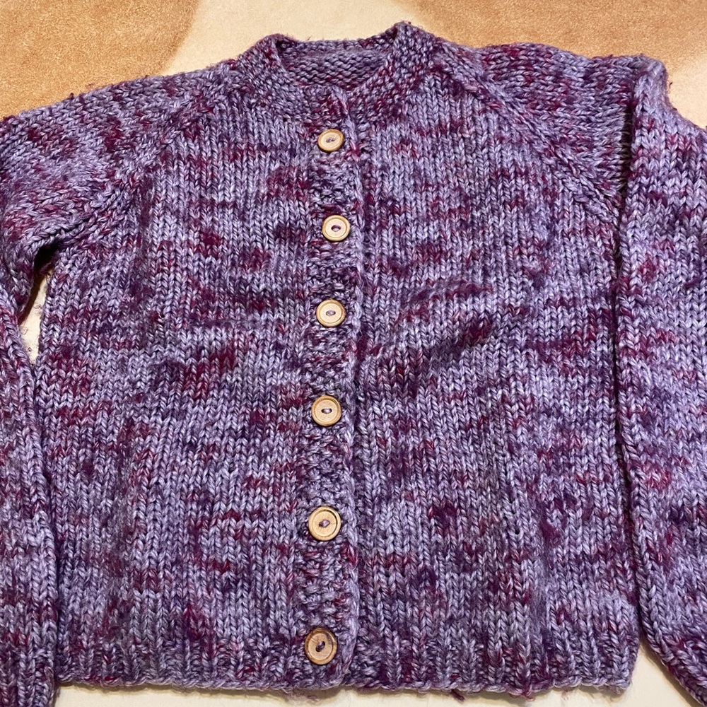 Handmade shades of purple mohair cardigan with wood looking button closure